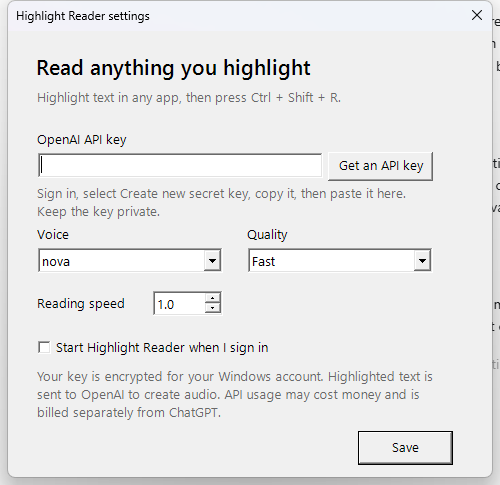 Highlight Reader settings window showing voice, quality, speed, and API key options